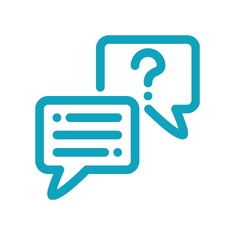 Advice and Advocacy icon of a question mark in a speech bubble and text lines inside a second speech bubble