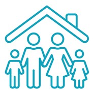 Outline drawing of a family of a man, woman and two kids standing under a house roof