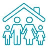 Family Violence Intervention and Prevention icon drawing of a family of a man, woman and two kids standing under a house roof