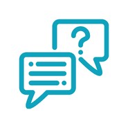 Outline drawing of a speech bubble with text lines and a speech bubble with a question mark