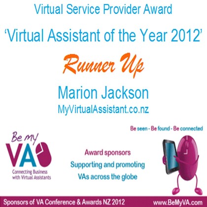 Virtual Assistant of the Year 2012 -Runner Up - Marion Jackson, My Virtual Assistant