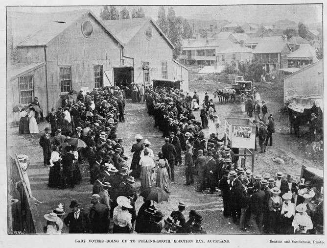 ‘Lady voters’ approach the polling booth at the Drill Hall in Rutland Street, just off Queen Street, Auckland, on 6 December 1899 - Sir George Grey Special Collections, Auckland City Libraries, 7-A12353