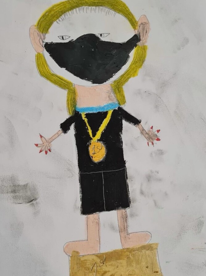 Self portrait from a family member aged 9yrs of herself one day winning a gold medal for swimming at the Olympics.