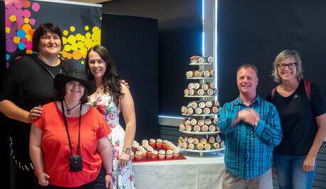 Celebrating Enrich Plus’ 30th birthday - l-r Karen Scott, chief executive, Shannon Clark, Maree Haddon-Silby, board member, Caleb Wickenden, Shelley Blair, service manager.