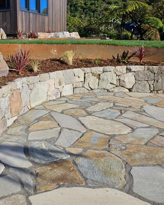 Stylish crazy paving for entertainment area of a modern house in Rotorua