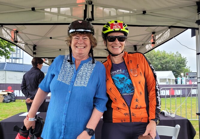 Kate Smallman and Karen Pickering at 2023 Taupo 70.3 Ironman check-in