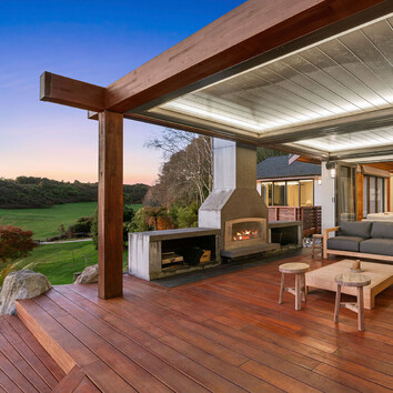 Timber pergola on a timber deck.