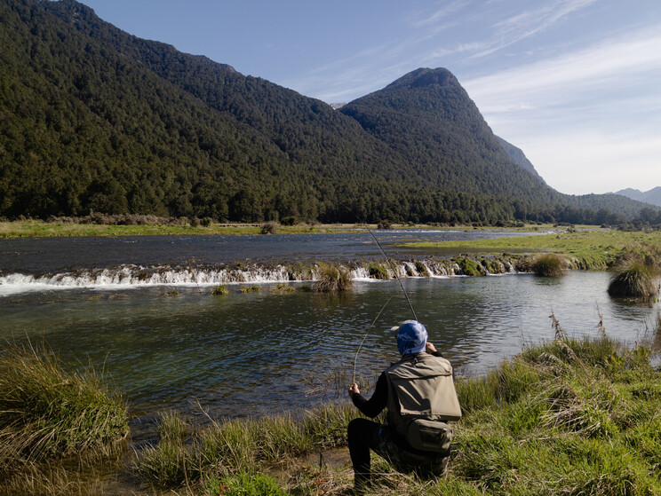Harry stalking a wild backwater brown in the New Zealand wilderness. Todd Adolph 