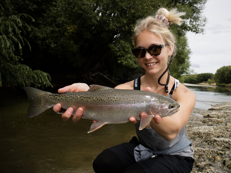 rainbow trout, hot girl, woman on the fly, Todd Adolph, NZ, New Zealand, fly fishing 