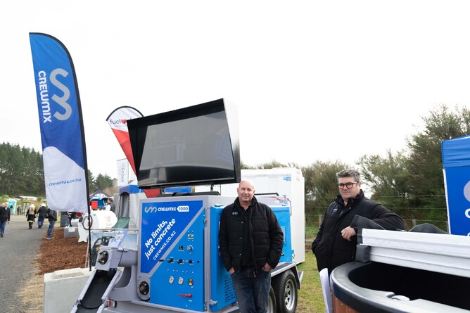 Rob McLaren and Karim Koorey on the Crewmix stand at Fieldays 2024