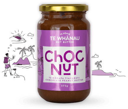 Choc nut butter. Creamy chocolate fudge peanut butter made in New Zealand by Te Whanau Nut butter
