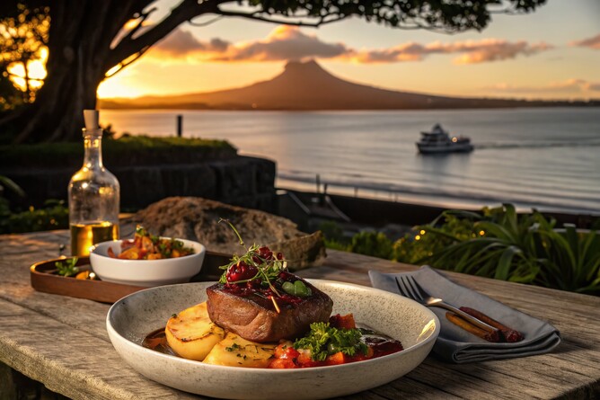 Our shop view feat. Rangitoto. The food? Not our doing.