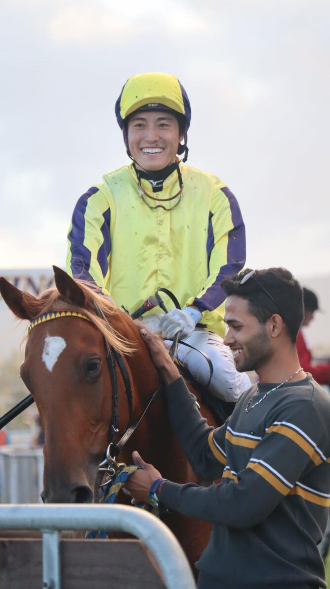 Jaffer leading Jakkalnuts into the winners circle after her win at Avondale.