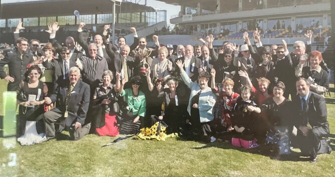 Keith and other owners of Everswindell post her New Zealand Cup win.