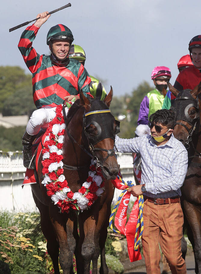 Pratap leading in Rocket Spade after winning the 2021 Group One NZ Derby. - Image captured by Trish Dunell.