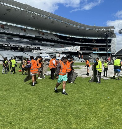 HD Recruitment event crew setting up a concert at Eden Park stadium in Auckland