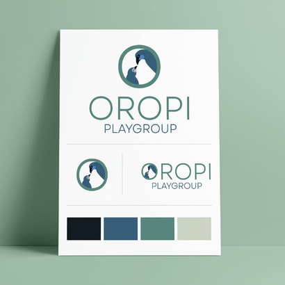 Oropi Playgroup branding page with three logo options and colour scheme