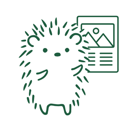 Prickle hedgehog character with a depiction of a poster behind him