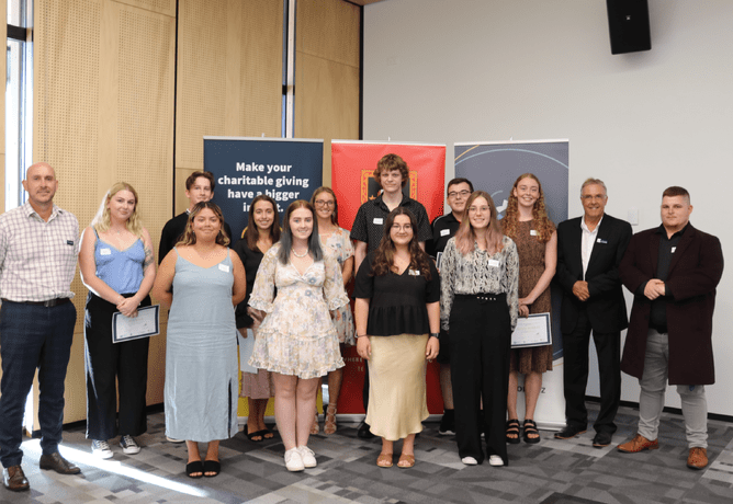 (L-R) TECT General Manager Wayne Werder, attending scholarship receipients, TECT Trustee Mark Arundel, Bay of Plenty councillor Stacey Rose