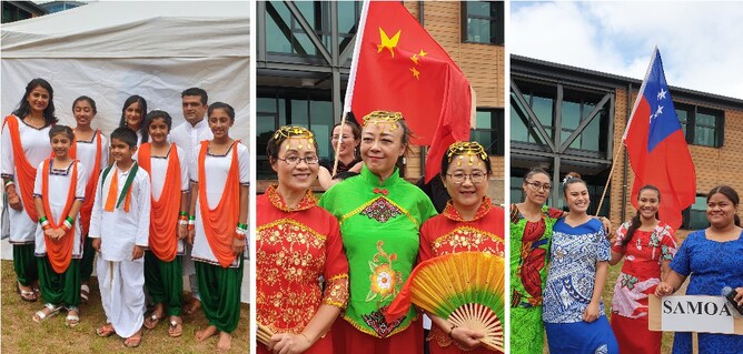 Three photos of performers at the Multicultural in their traditional clothing
