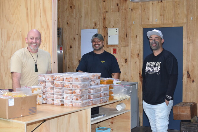 The Search Party Charitable Trust GM Clint Reha with Ray and Karam from Nga Kakano during one of their pick ups prior to delivering the meals