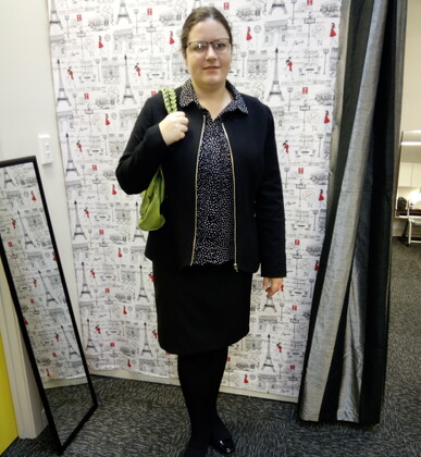 Woman in formal work-wear who has gone through the dressing programme