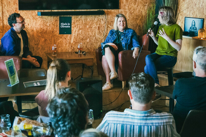 David Hall and Charlotte Rutherford at the Beer Spot, with Jay Crangle Kiwis in Climate regional lead, asking questions of the panelists
