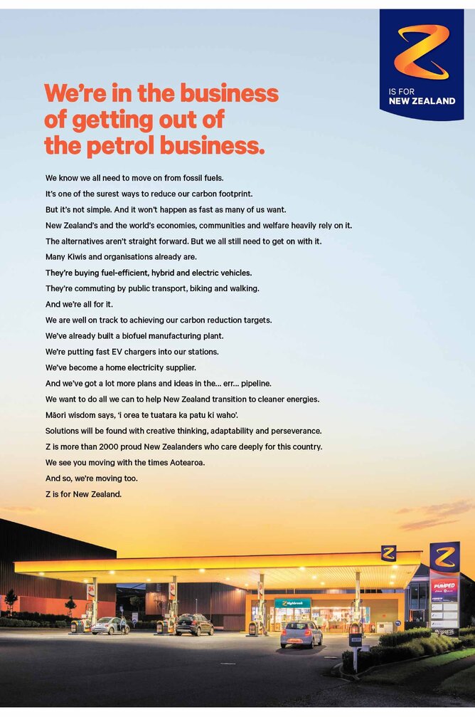 A full page newspaper ad for Z Energy, saying "we're in the business of getting out of the petrol business"
