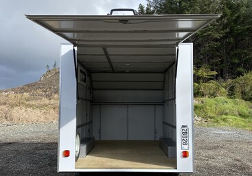 Hinged opening rear door on trailer