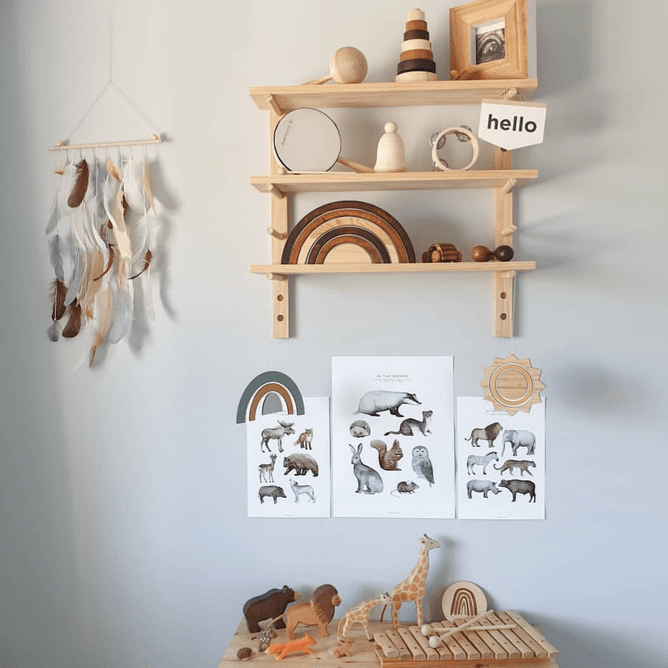 Peg Shelving 60cm pair displaying natural wooden toys on shelves