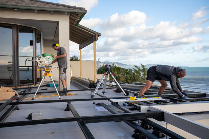 15m x 6m floating deck using TreadTech framing and TreadJack pedestals on a coastal home.