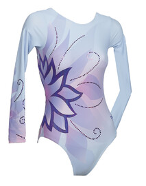 Long Sleeve Gymnastics Leotard with Silver sequin spiral and flower and colour fade of blue and purple