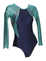 Long sleeve Gymnastics Leotard with Teal Green with Dark Grey lines on both left and right side of chest and font leotard full Navy