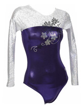 Long sleeve Gymnastics Leotard with full White on sleeves and around top neck with the bottom half covered in Purple and on top left shoulder and chest is Silver flowers and spirals