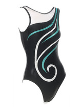 Sleeveless Gymnastics Leotard with a curl swirl in White and Teal with Black background 