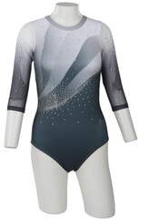 Long sleeve Gymnastics Leotard with Black curls on left side of leotard and full Turquoise