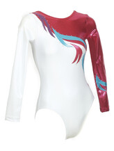 Long sleeve Gymnastics Leotard with the right sleeves in White and left sleeve in Red with Turquoise, Raspberry and Purple curls with Silver sequin dots around