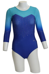 Long sleeve Gymnastics Leotard with Sleeves and neck in Yellow decorated with a White curl swirl and bottom half of leotard in Gunmetal