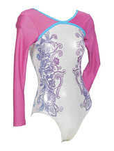 Long sleeve Gymnastics Leotard covered with Raspberry Sleeves outline with a Blue around neck and chest with the bottom covered in White and Flowers in Purple on both sides