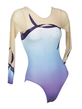Long sleeve Gymnastics Leotard with coloured cream on sleeves and around neck with faded colours of Blue and Purple on bottom Periwinkle and Curl curve with Silver sequin dots