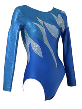 Long sleeve Gymnastics Leotard with Sleeves and neck in Yellow decorated with a White curl swirl and bottom half of leotard in Gunmetal