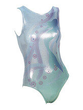 Sleeveless Gymnastics Leotard with mermaid pattern on front in mint green and blue metallic fabric