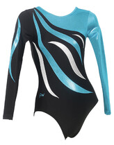 Long sleeve Gymnastics Leotard in Black and Turquoise with slight curve curls in Turquoise and White