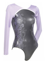 Long sleeve Gymnastics Leotard covered in Lilac Sleeves outline with White around neck and chest with the bottom covered in Gunmetal and Flowers in Purple drawn on both sides