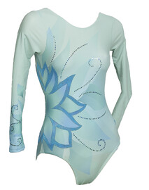 Long Sleeve Gymnastics Leotard with flower Silver sequin spiral and a colour fade of Light Blue and Green