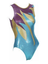 Sleeveless Gymnastics Leotard in purple, yellow and blue with spike pattern
