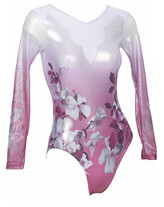 Long sleeve Gymnastics Leotard with faded colour of Pink, Red and White with Flowers on leotard and sleeves Camellia