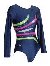 Long sleeve Gymnastics Leotard with Green, Pink and White slight curve curl and dark Denim