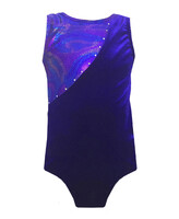 Sleeveless Gymnastics Leotard in Purple with upper right side in sequin and left in soft material with Silver sequin dots in detail