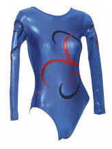 Long sleeve Gymnastics Leotard in Royal with Red and Navy blue curls around with Silver sequin dots